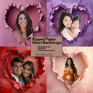 12 Cuore di carta strappato Sfondo digitale Maternità Sovrapposizione Ritratto di matrimonio Neonato Sovrapposizione Studio Sfondo digitale Carta strappata