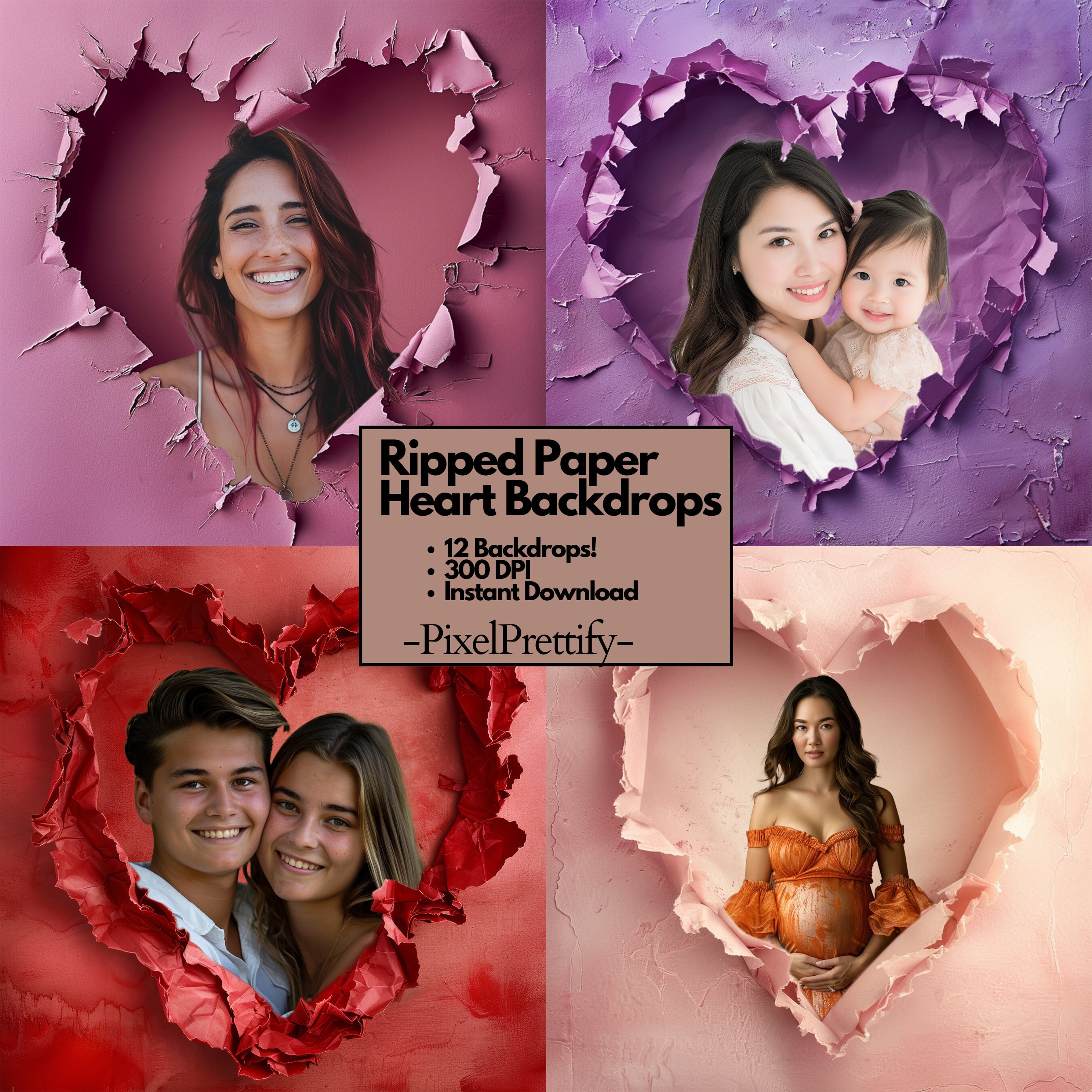 12 Ripped Paper Heart Digital Backdrop Maternity Overlay Wedding ...