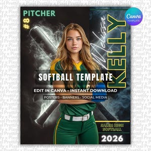 ソフトボールポスターCanvaテンプレート｜カスタムスポーツポスター、シニアバナー、カード、メモリーメイト用ソフトボール背景｜Photoshop不要のテンプレート