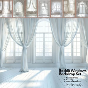 32 Backlit Window Backdrops, White Curtain Digital Photo Backgrounds for Photoshop, White Room Photoshop Overlay, All White Studio Backdrop
