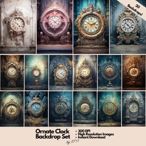 May include: A set of 20 digital backgrounds featuring ornate clocks in various styles. The clocks are set against a backdrop of aged, textured walls and architectural elements. The backgrounds are perfect for adding a touch of vintage elegance to your designs.