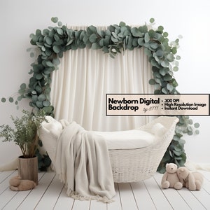 Newborn Digital Backdrop Floral Wooden Bed Newborn Digital Background, Newborn Photography Digital Prop White Wooden Bed