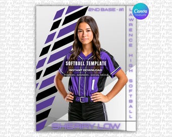May include: A digital softball template featuring a purple and black jersey with the number 1, text reading SOFTBALL TEMPLATE, INSTANT DOWNLOAD, POSTERS, BANNERS, SOCIAL MEDIA, 2ND BASE - #1, LAWRENCE HIGH SOFTBALL, and the name SHERRY LOW.