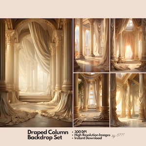 May include: A set of four digital backdrop images featuring a draped column backdrop in a grand hall setting. The backdrop is a light beige color with a soft, flowing drape. The hall is decorated with ornate columns and a large window.