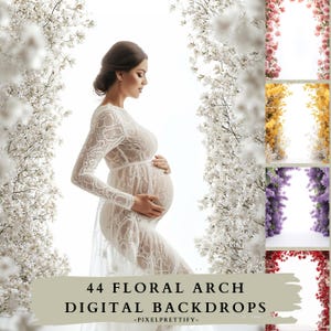 Peut inclure: Une personne enceinte vêtue d'une robe en dentelle blanche se tient devant une arche florale blanche. L'image comprend des fonds numériques avec des arches florales roses, jaunes, violettes et rouges. Le texte indique "44 Floral Arch Digital Backdrops -Pixelprettify-".