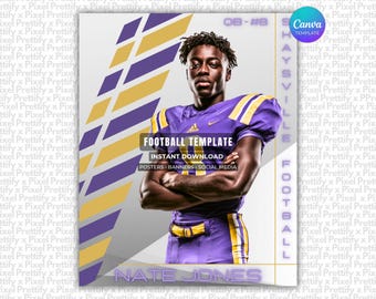 May include: A digital graphic template featuring a football player in a purple and gold uniform with arms crossed. The design includes the text FOOTBALL TEMPLATE, INSTANT DOWNLOAD, POSTERS, BANNERS, SOCIAL MEDIA, QB-#8, SHAYSVILLE FOOTBALL, and NATE JONES.