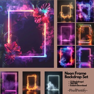 May include: A set of 23 digital backgrounds featuring neon glowing frames in various colors and styles. The backgrounds include smoke, flowers, and palm leaves.