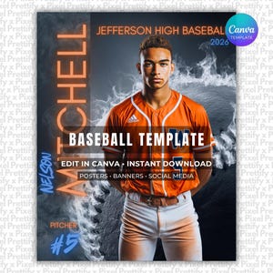 Plantilla de póster de béisbol en Canva / Banner deportivo personalizado para personas mayores, tarjetas de béisbol, fondo de sóftbol / Fondo digital / Sin necesidad de Photoshop