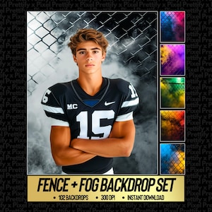 May include: A young person in a black and white football jersey with the number 15 stands in front of a chain-link fence and fog backdrop. The image includes a gold banner with the text "FENCE + FOG BACKDROP SET".