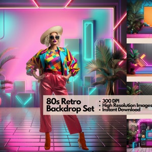 Può includere: Una donna con una giacca a motivi colorati, pantaloni rosa e un cappello posa davanti a uno sfondo illuminato al neon. Lo sfondo presenta forme geometriche e palme. Il testo "80s Retro Backdrop Set" è visualizzato nella parte inferiore dell'immagine.