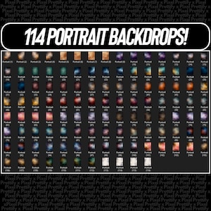 May include: A collection of 114 portrait backdrops, each with a unique color palette and texture. The backdrops are arranged in a grid, with a variety of colors including blues, browns, and reds. The text "114 PORTRAIT BACKDROPS!" is displayed prominently.