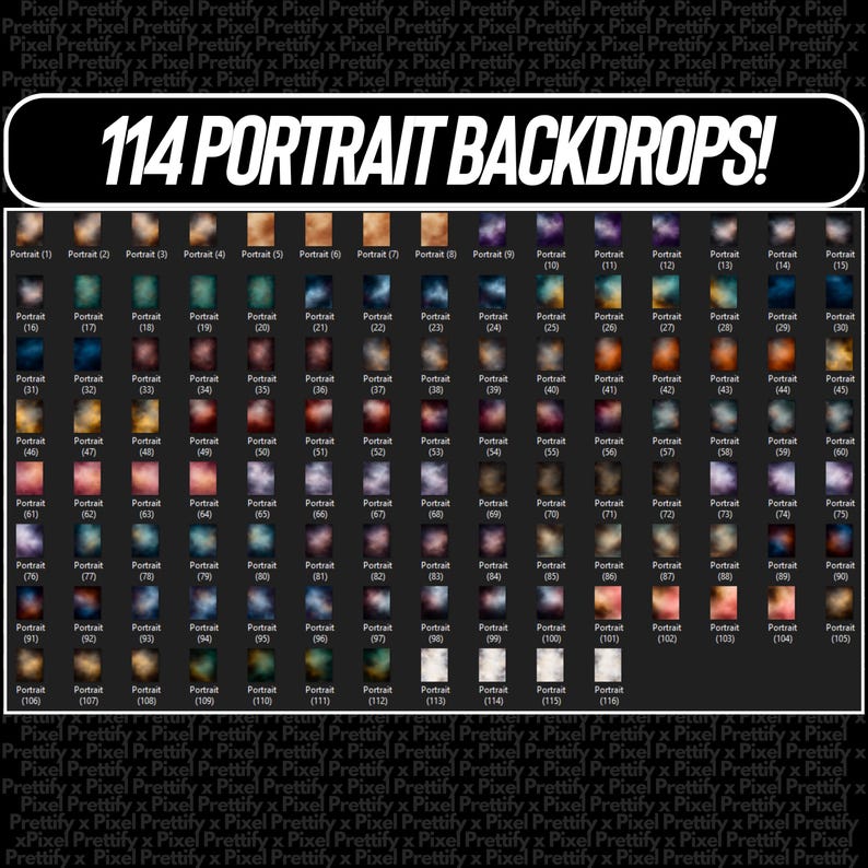 May include: A collection of 114 portrait backdrops, each with a unique color palette and texture. The backdrops are arranged in a grid, with a variety of colors including blues, browns, and reds. The text "114 PORTRAIT BACKDROPS!" is displayed prominently.