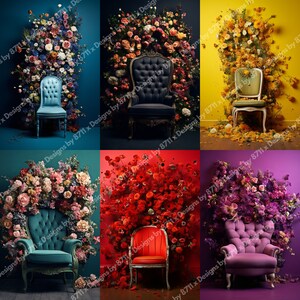 May include: Six different colored backgrounds with a chair in front of a wall of flowers. The chairs are all different styles and colors. The flowers are all different colors and types. The backgrounds are blue, black, yellow, green, red, and purple.