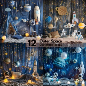 May include: Twelve digital backdrops featuring an outer space theme. The backdrops include stars, planets, rockets, and astronauts. The backdrops are perfect for creating a fun and festive atmosphere for a birthday party, baby shower, or other special event.