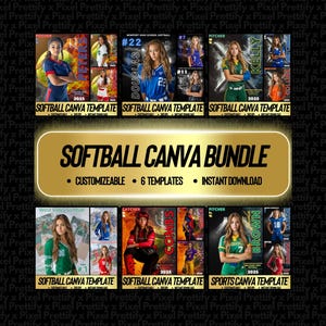 Puede incluir: Un paquete digital de seis plantillas de Canva para sóftbol con varios diseños de fotografía deportiva. El gráfico muestra múltiples retratos de atletas con uniformes de equipo, textos en negrita y el título central Softball Canva Bundle.