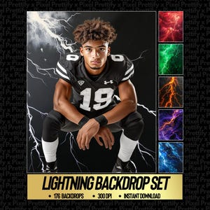 May include: A person in a black and white football uniform, number 19, against a lightning backdrop. The image features a gold banner with the text "LIGHTNING BACKDROP SET" and product information, including 176 backdrops.