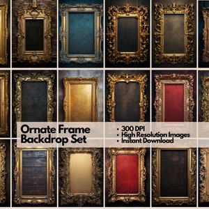 May include: A set of 16 ornate gold picture frames with different colored backgrounds. The frames are all in the same style, with intricate carvings and a distressed finish. The backgrounds are a variety of colors, including black, brown, red, blue, and green. The frames are perfect for adding a touch of elegance to any room.