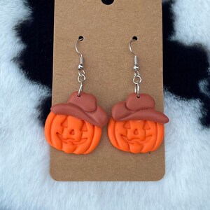 Cowboy Pumpkin Earrings , Jack O Lantern , Western , Country ,Halloween , Jewlery | Spooky | Fall | Polymer Clay | Handmade