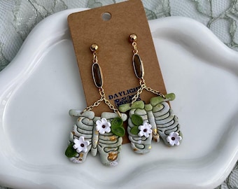 Floral Ribcage Earrings, Hozier Inspired, Bones, Flowers, Foraging, Halloween, Skeleton, Cottagecore, Anatomy, Work Song, Polymer Clay