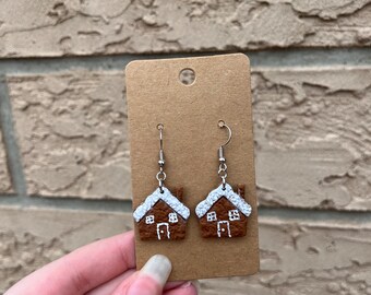 Handmade Gingerbread House Earrings: Polymer Clay Christmas Jewelry