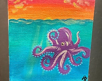 Oktopus unter Wasser-original 4 X 4 Acrylmalerei, Kühlschrankmagnet