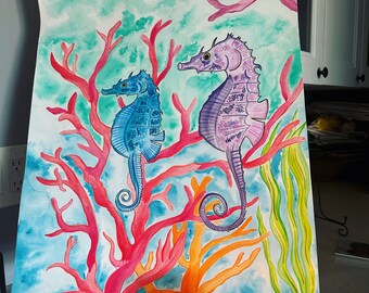 Bunte Seepferdchen-original 18x24 Aquarellmalerei auf Papier, Strandkunst