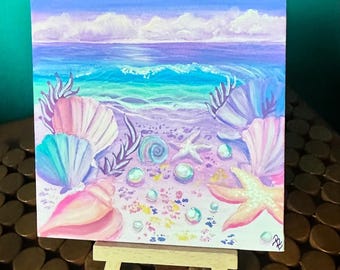 5 x 5 Zoll Pastell Muscheln und Küstenlinie Original Kunst | Muschel Aquarelle | Seestern Wohnkultur | Maritimes Kunstwerk