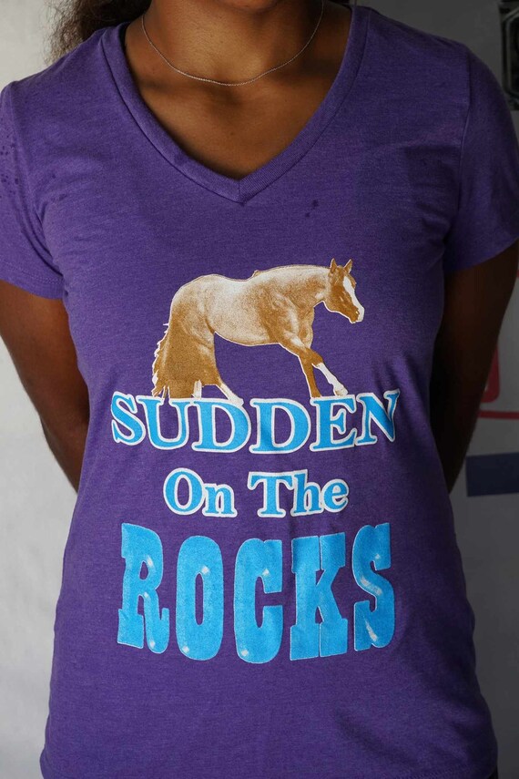 Ladies Purple Sudden On The Rocks silk screened logo T shirt