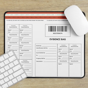 May include: A white evidence bag with a black barcode and the text "M20789674" and "EVIDENCE BAG". The bag has a form with sections for name, rank, signature, date, authority, identification reference number, court exhibit number, property reference number, and description.