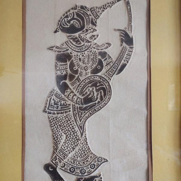 Vintage Thai Temple Authentic Raised Chalk Rubbing - Thai Rice Paper - Original Wood Frame - Wall Art