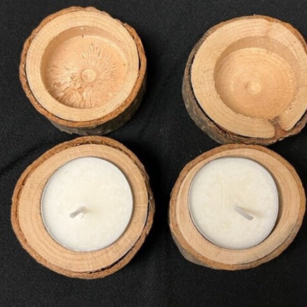 Set of 4 Rustic Wood Tealight Holders