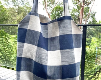 Handmade Tote Bag, Shopping Tote, Handmade Tote, Shopping Bag, lined tote, large tote, blue and white checked bag