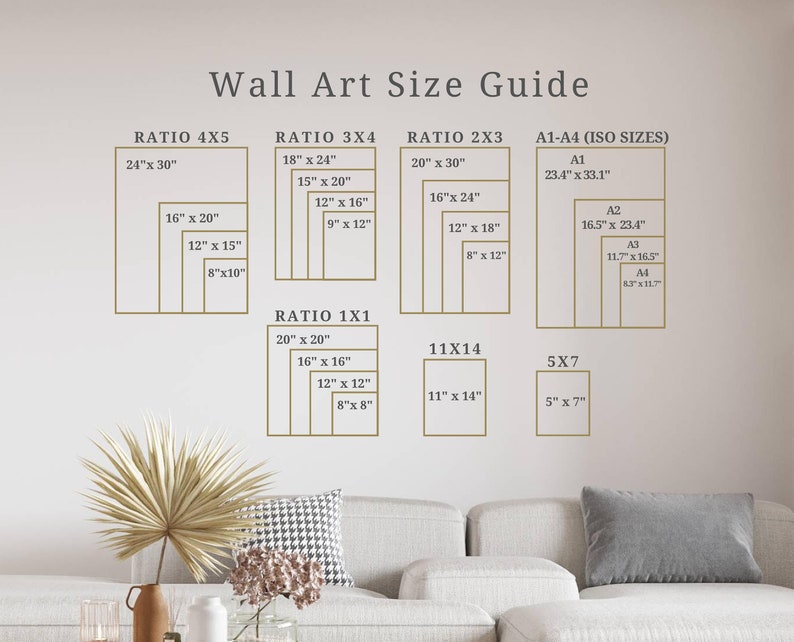 May include: A wall art size guide with different ratios and sizes for prints. The guide includes ratios like 4x5, 3x4, 2x3, 1x1, 11x14, and 5x7. It also includes standard ISO sizes like A1, A2, A3, and A4. The guide is displayed on a white wall with a couch in the foreground.