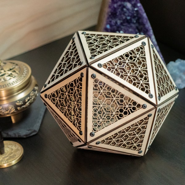 Icosahedron Kikkou Model Kit Sculpture, Sacred Geometry Decor, Laser Cut Ornament, Kumiko Design, Desk Decoration, Centerpiece, Table Decor