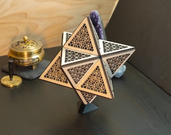 Merkaba Kikkou Model Kit Sculpture, Sacred Geometry Decor, Laser Cut Ornament, Kumiko Design, Desk Decoration, Centerpiece, Table Decor