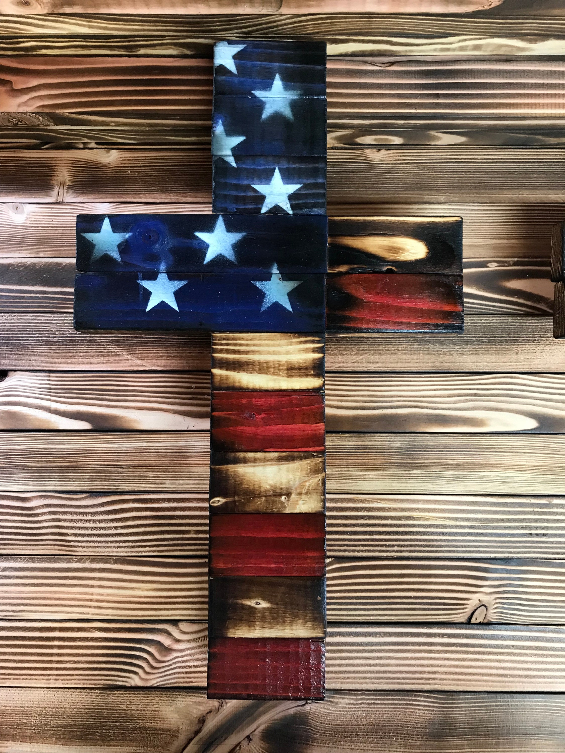 Rustic Wooden American Flag Cross Etsy