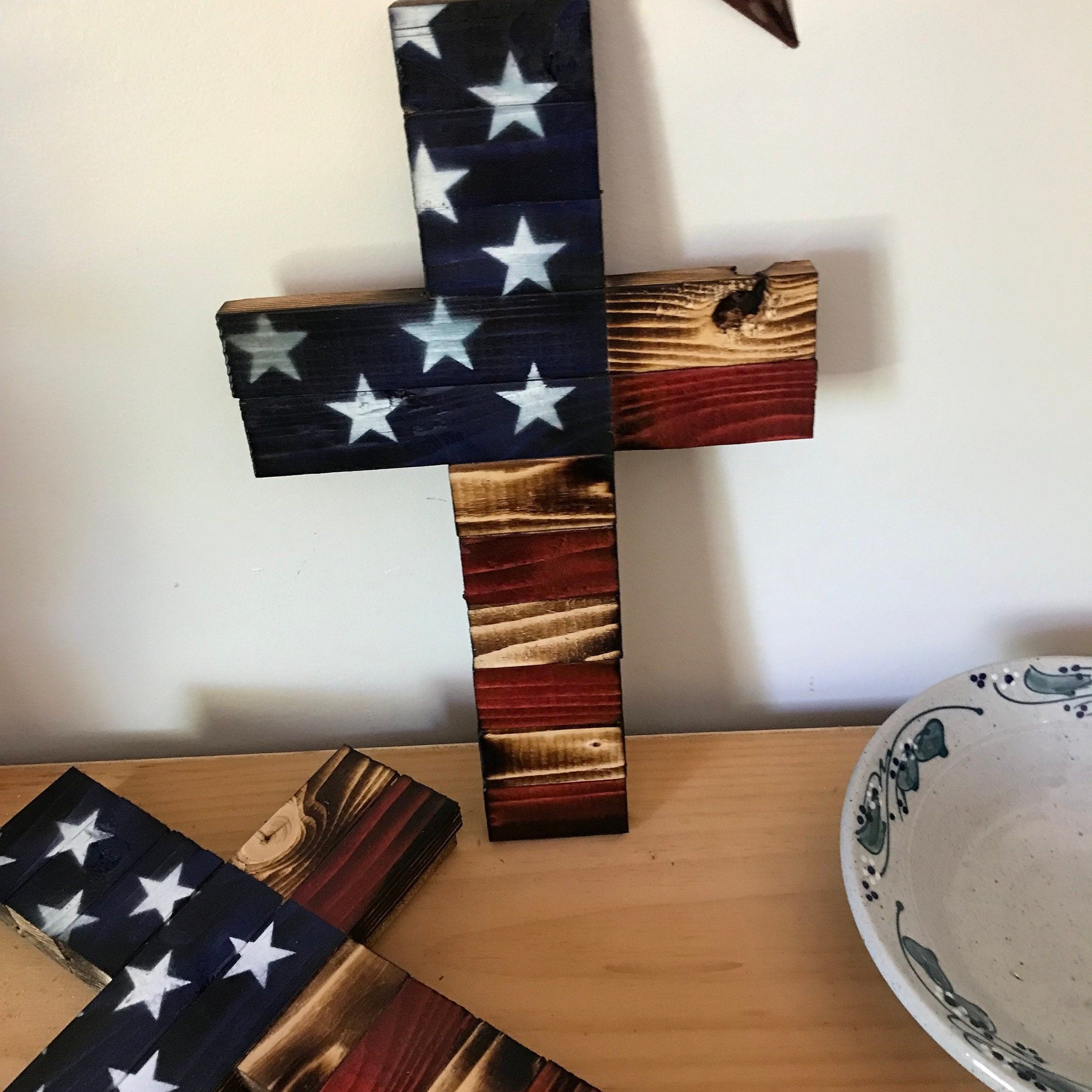 Rustic Wooden American Flag Cross Etsy