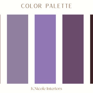 May include: Color palette with five shades of purple and brown. The colors are arranged in a row from left to right, starting with a light brown, followed by a light purple, a medium purple, a dark purple, and ending with a dark brown.