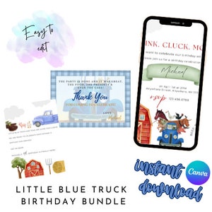 Little Blue Truck / Invitación de cumpleaños imprimible / Descarga instantánea / Invitación digital / Tarjeta de agradecimiento / Plantilla Canva
