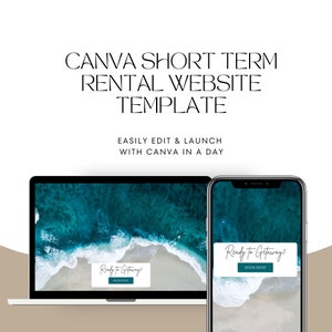 以下が含まれることがあります： ラップトップと携帯電話に、短期賃貸用のウェブサイトテンプレートが表示されています。ウェブサイトには、ビーチのシーンと「旅行の準備はできましたか？」というテキスト、および「今すぐ予約」ボタンが表示されています。デバイスの上には、「CANVA SHORT TERM RENTAL WEBSITE TEMPLATE」と「EASILY EDIT & LAUNCH WITH CANVA IN A DAY」というテキストが表示されています。