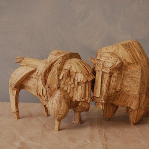 American Buffalo Couple (Mr and Mrs Buffalo), 2017 - Buffalo, bison, Cubist, wood, wax, putty, urethane, sculpture, art, tan, animal, couple