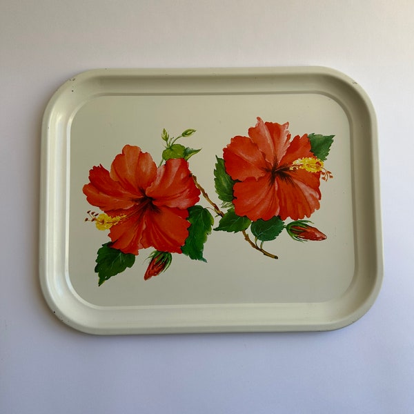 Vintage Hibiscus Flower Metal Tray from 1950s