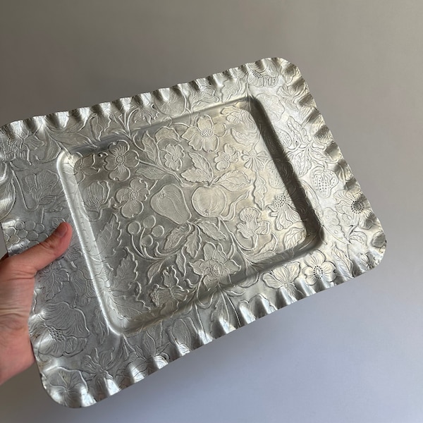 Vintage Aluminum Tray with Floral and Fruit Design