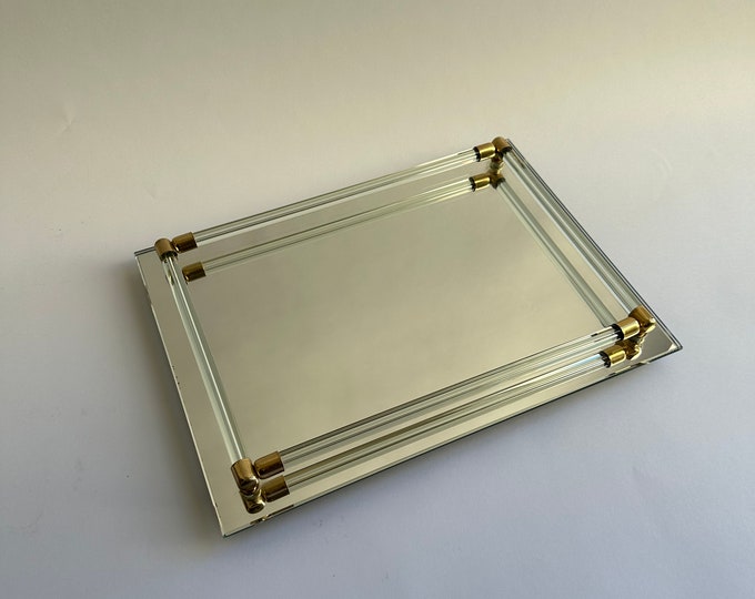Vintage Footed Mirror Perfume Tray for Vanity or Bathroom, Glass Rod