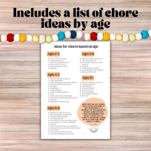 May include: A printable chart with a list of chore ideas for children, organized by age groups from 2-3 to 13+. The chart has a peach background with brown text and a light brown border. The chart includes a note that these are just general ideas and that you may have more to add or implement at a different age.