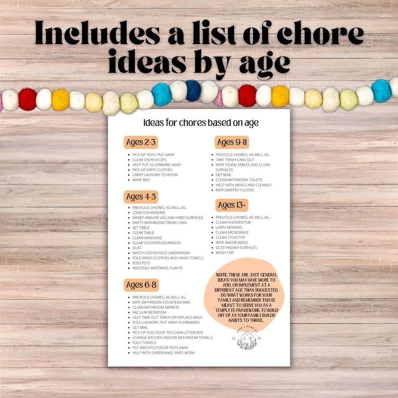 May include: A printable chart with a list of chore ideas for children, organized by age groups from 2-3 to 13+. The chart has a peach background with brown text and a light brown border. The chart includes a note that these are just general ideas and that you may have more to add or implement at a different age.