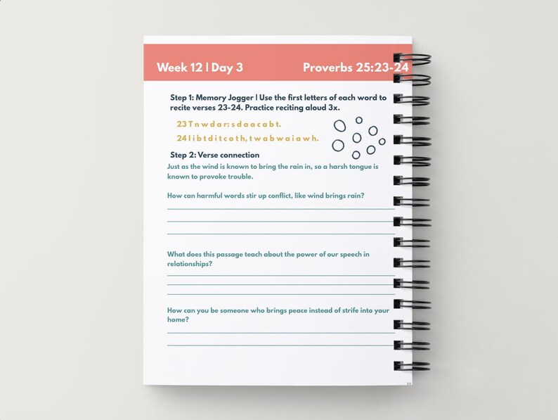 May include: A spiral-bound notebook with a white interior and a light peach header that reads "Week 12 | Day 3". The text includes "Proverbs 25:23-24" and prompts for verse recitation and reflection questions.