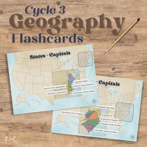 May include: Two educational geography flashcards featuring maps of the United States with highlighted regions and labeled state capitals. The cards display text including Cycle 3 Geography Flashcards, States + Capitals, and specific state names.