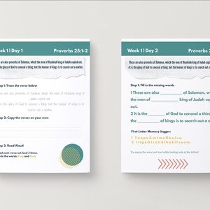 May include: Two spiral-bound notebooks with teal headers displaying "Week 1 | Day 1" and "Week 1 | Day 2" and the text "Proverbs 25:1-2". The pages contain Bible verses and fill-in-the-blank exercises. One page has a teal and gold circle design.