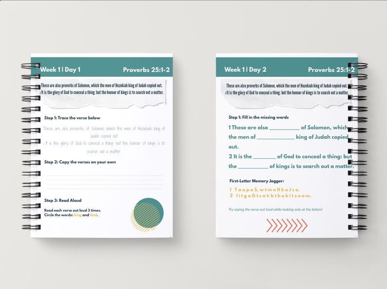 May include: Two spiral-bound notebooks with teal headers displaying "Week 1 | Day 1" and "Week 1 | Day 2" and the text "Proverbs 25:1-2". The pages contain Bible verses and fill-in-the-blank exercises. One page has a teal and gold circle design.